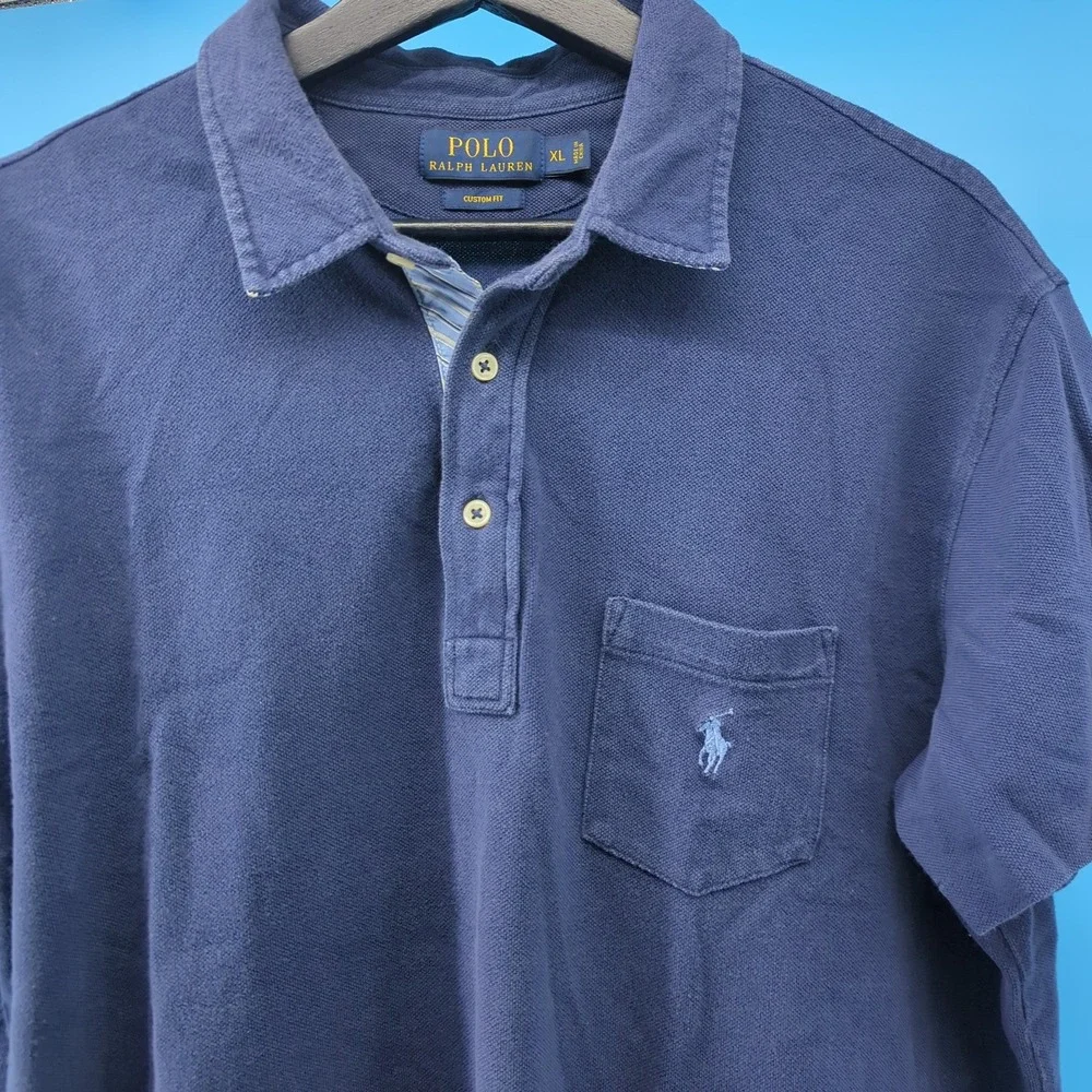 Polo Ralph Lauren Mens XL Custom Fit Navy Blue Mesh Pocket Shirt Short Sleeve